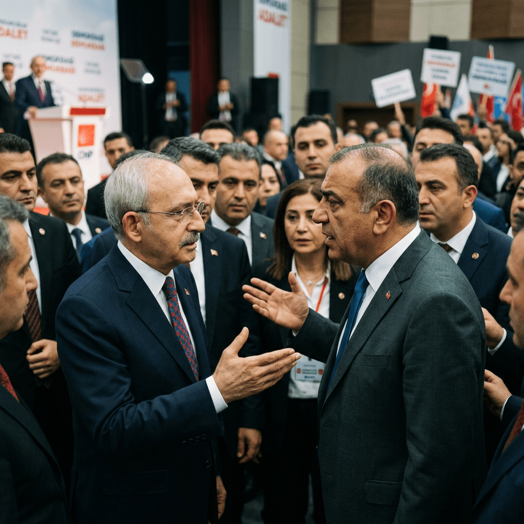 Two men in suits talking amid a crowd at a political event with CHP banners and flags