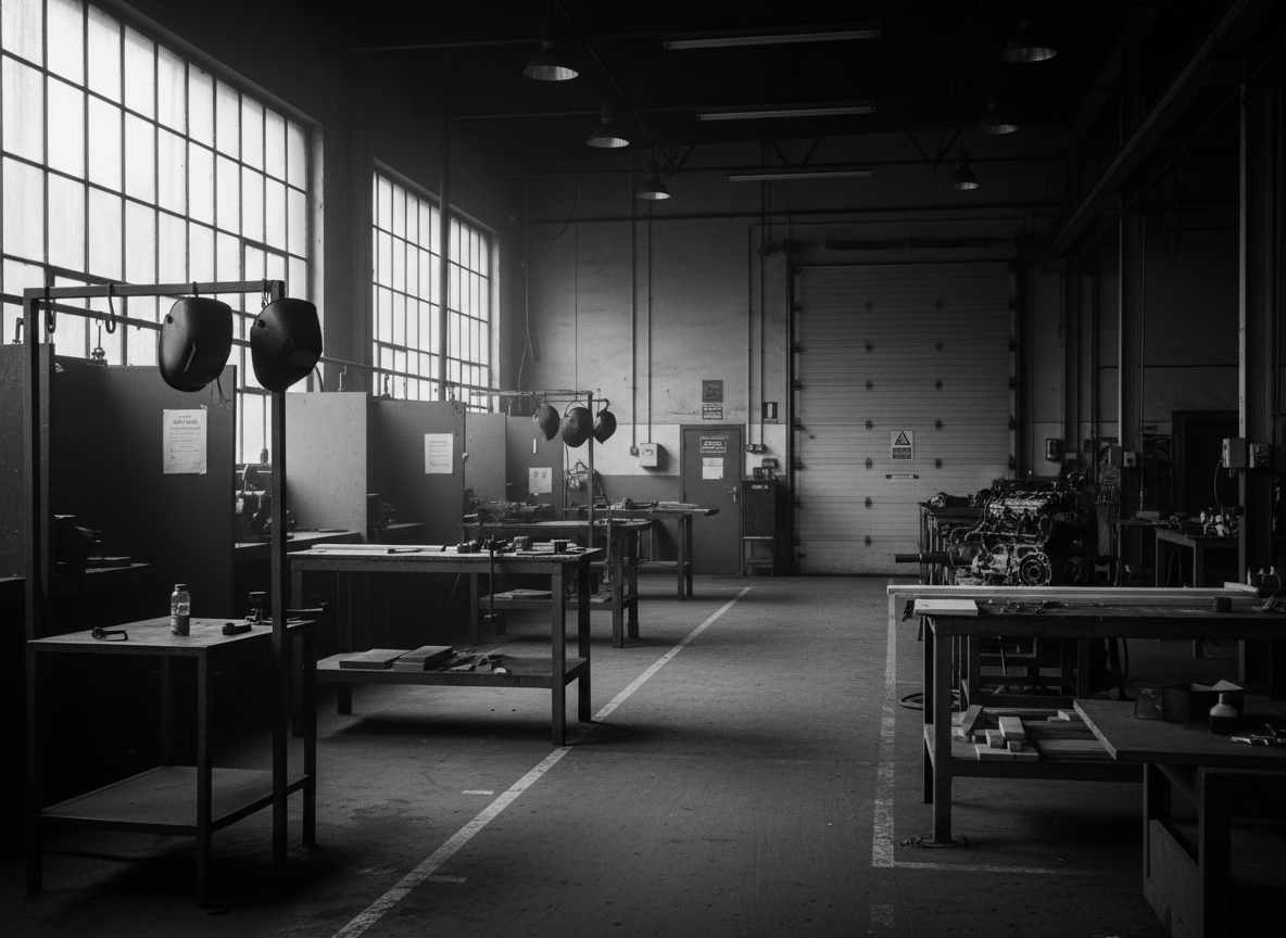 Somber documentary photograph evoking workplace safety in vocational training, empty industrial workshop with hard shadows, high contrast black and white editorial tone
