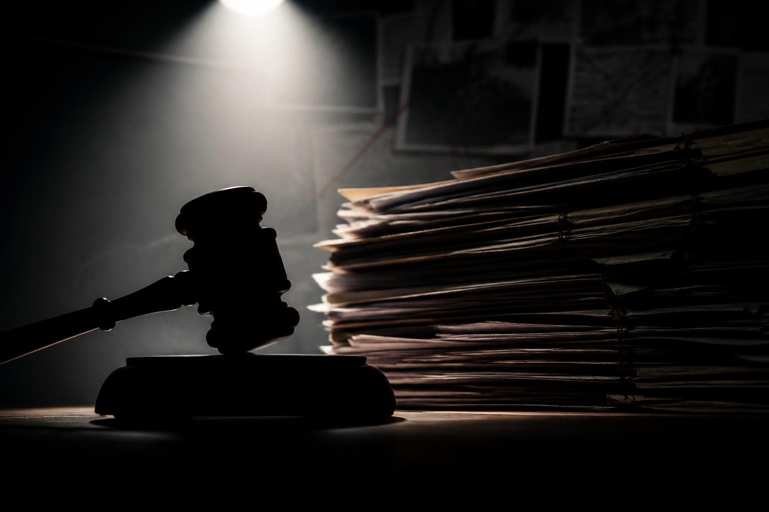 High contrast dramatic photojournalistic image evoking a major political conspiracy court case, silhouette of a courtroom gavel and stacked legal case files under harsh spotlight